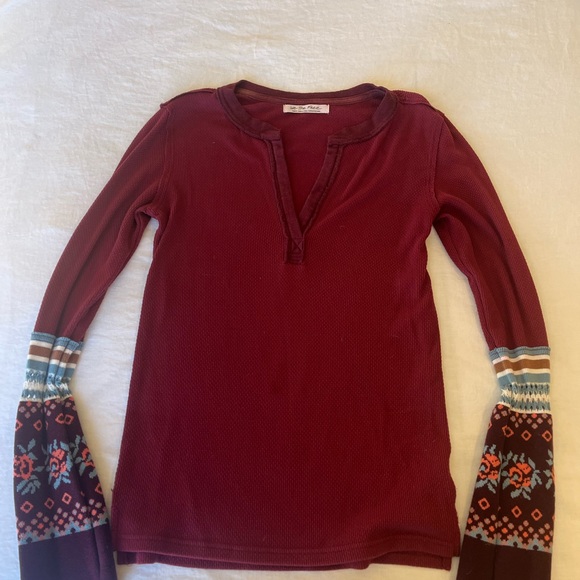 We The Free Burgundy Long Sleeve Top with Patterned Sleeves - Picture 3 of 8